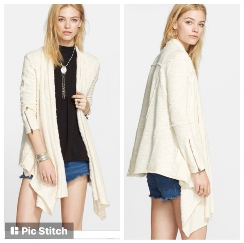 Free People In The Loop Open Front Distressed Cream Cardigan Sweater